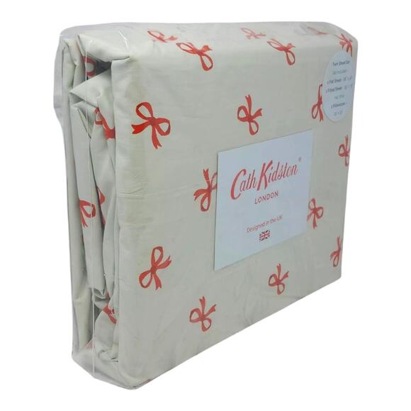 Cath Kidston London Holiday Red Bows Cotton FULL Sheet Set 4pc Sage Green NEW - Picture 12 of 15